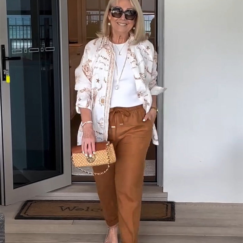 【S-4XL】🌸Zestaw top z nadrukiem + brązowe spodnie