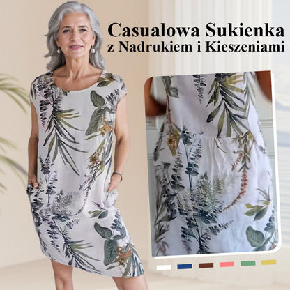 2025 Damska luźna sukienka z nadrukiem z bawełny i lnu