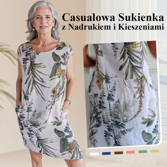 2025 Damska luźna sukienka z nadrukiem z bawełny i lnu
