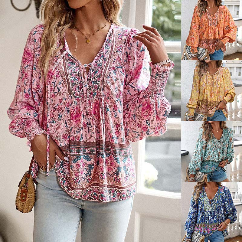 【S-2XL】🌺 Modna damska koszulka z długim rękawem i nadrukiem V-neck