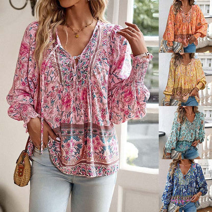 【S-2XL】🌺 Modna damska koszulka z długim rękawem i nadrukiem V-neck