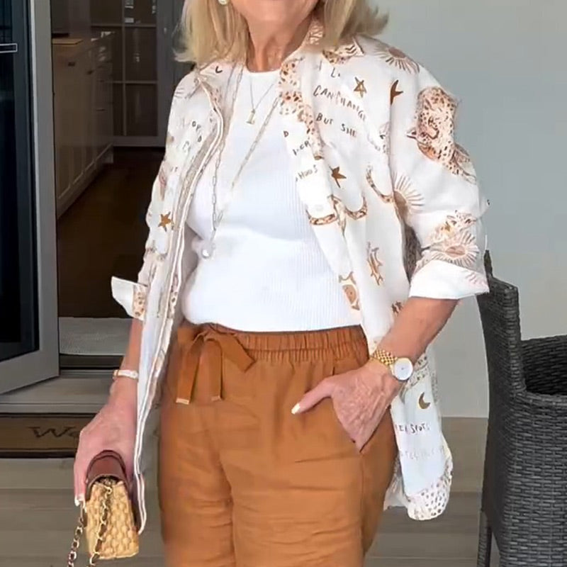 【S-4XL】🌸Zestaw top z nadrukiem + brązowe spodnie