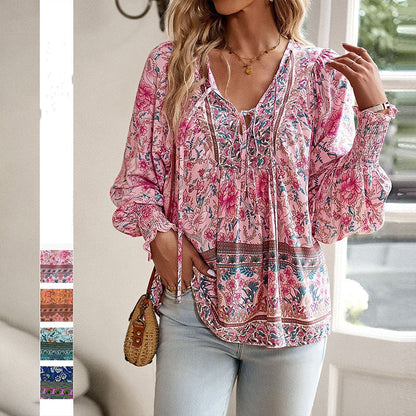 【S-2XL】🌺 Modna damska koszulka z długim rękawem i nadrukiem V-neck