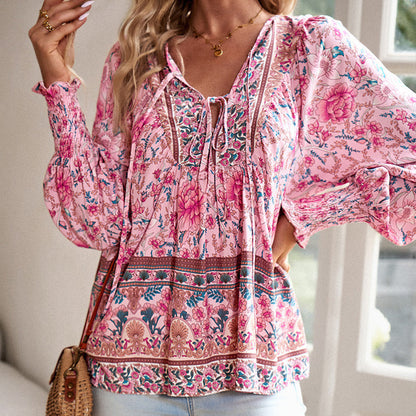【S-2XL】🌺 Modna damska koszulka z długim rękawem i nadrukiem V-neck
