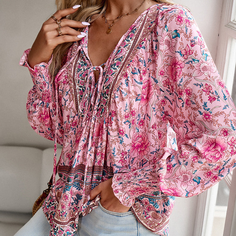 【S-2XL】🌺 Modna damska koszulka z długim rękawem i nadrukiem V-neck