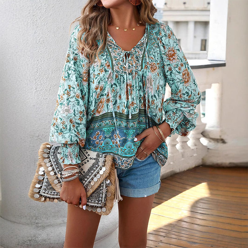 【S-2XL】🌺 Modna damska koszulka z długim rękawem i nadrukiem V-neck
