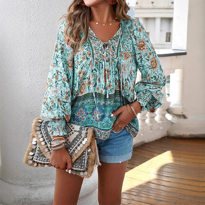 【S-2XL】🌺 Modna damska koszulka z długim rękawem i nadrukiem V-neck