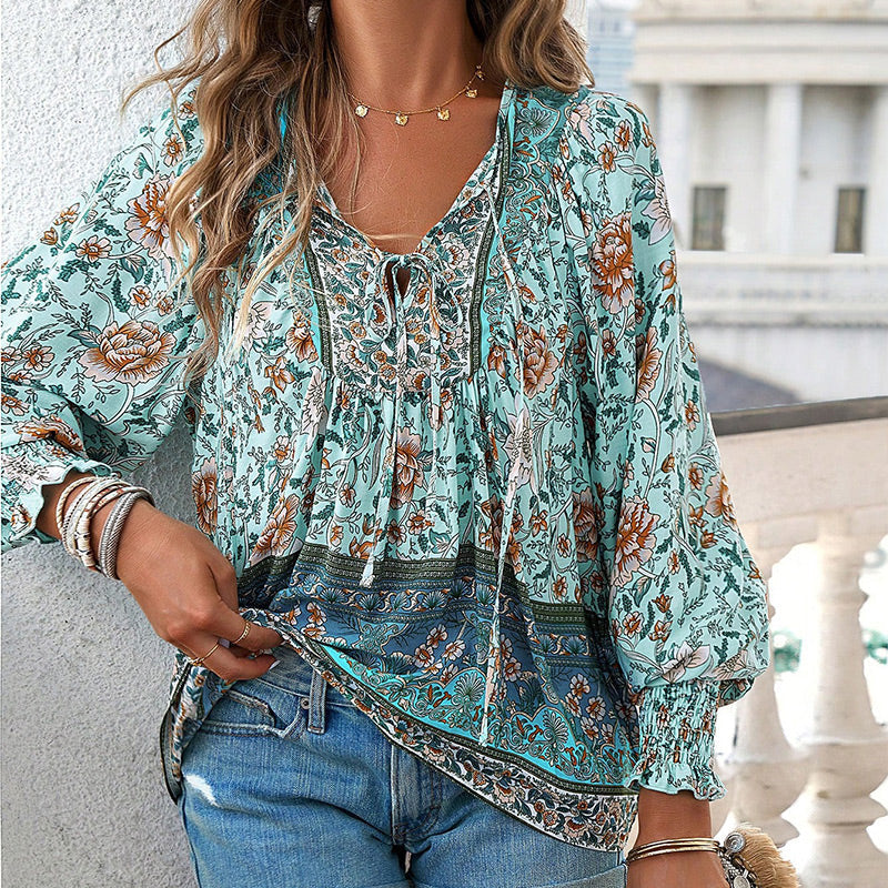 【S-2XL】🌺 Modna damska koszulka z długim rękawem i nadrukiem V-neck
