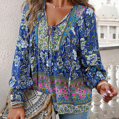 【S-2XL】🌺 Modna damska koszulka z długim rękawem i nadrukiem V-neck