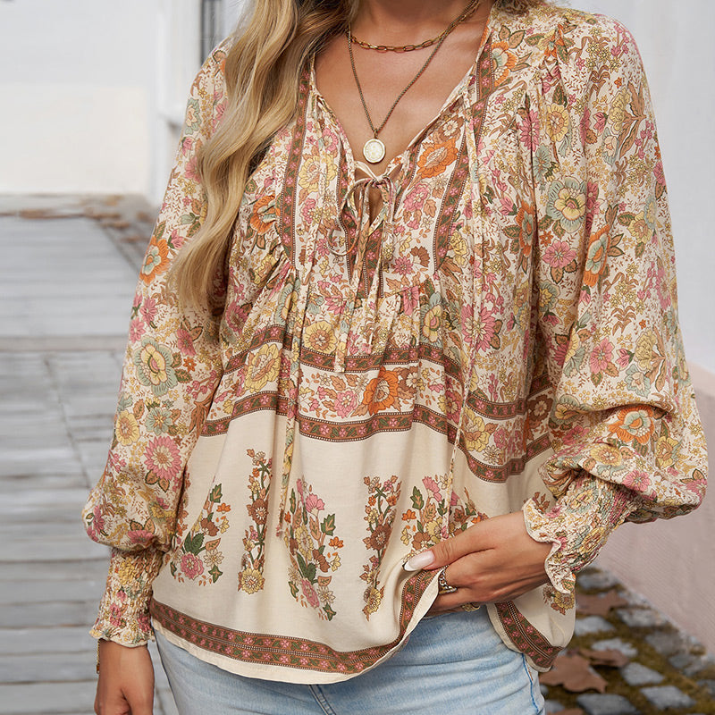 【S-2XL】🌺 Modna damska koszulka z długim rękawem i nadrukiem V-neck