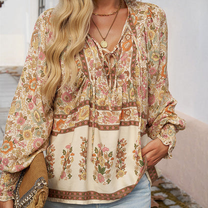 【S-2XL】🌺 Modna damska koszulka z długim rękawem i nadrukiem V-neck