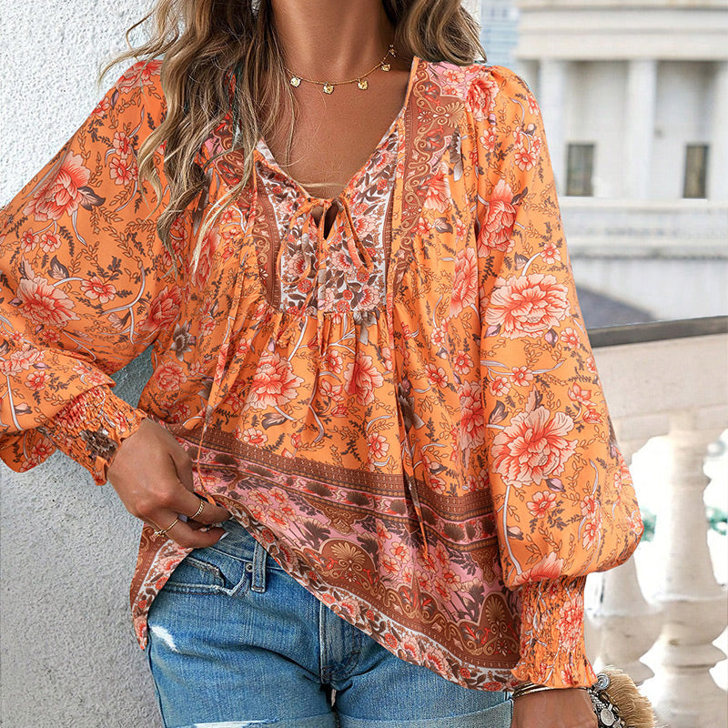 【S-2XL】🌺 Modna damska koszulka z długim rękawem i nadrukiem V-neck