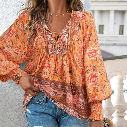 【S-2XL】🌺 Modna damska koszulka z długim rękawem i nadrukiem V-neck