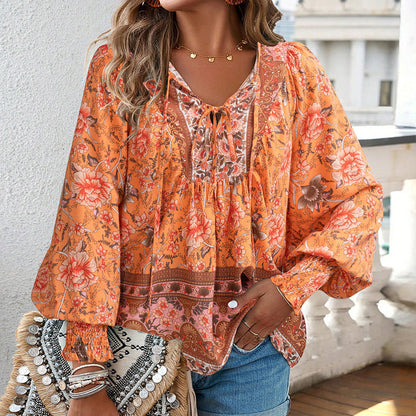 【S-2XL】🌺 Modna damska koszulka z długim rękawem i nadrukiem V-neck