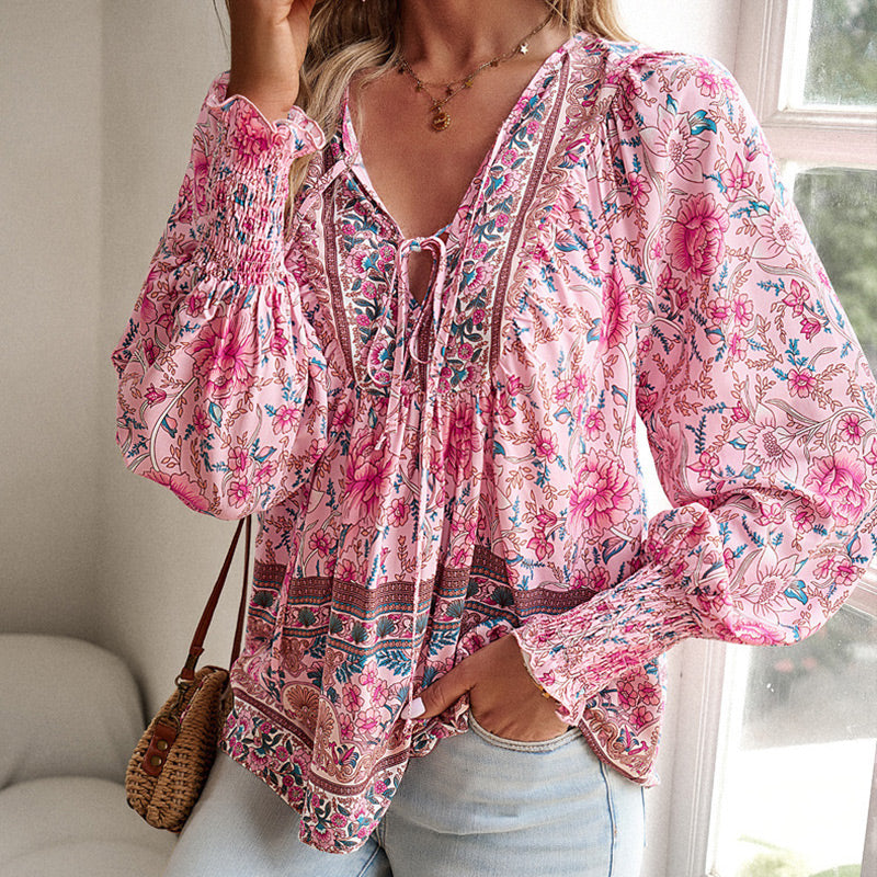【S-2XL】🌺 Modna damska koszulka z długim rękawem i nadrukiem V-neck