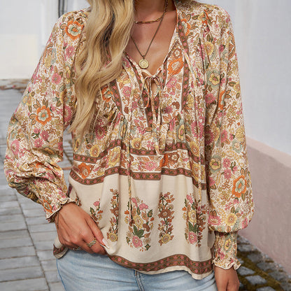 【S-2XL】🌺 Modna damska koszulka z długim rękawem i nadrukiem V-neck