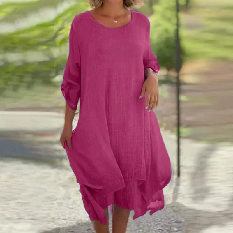 💕Elegancka damska sukienka z okrągłym dekoltem w jednolitym kolorze o luźnym kroju