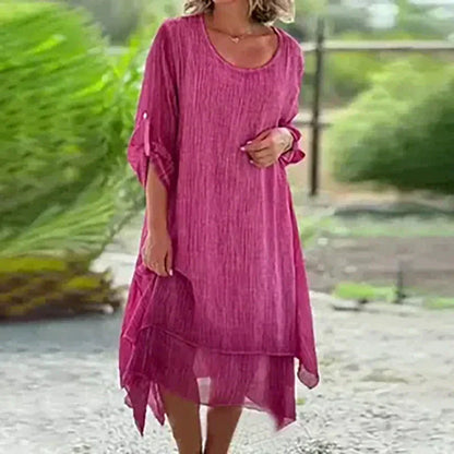💕Elegancka damska sukienka z okrągłym dekoltem w jednolitym kolorze o luźnym kroju