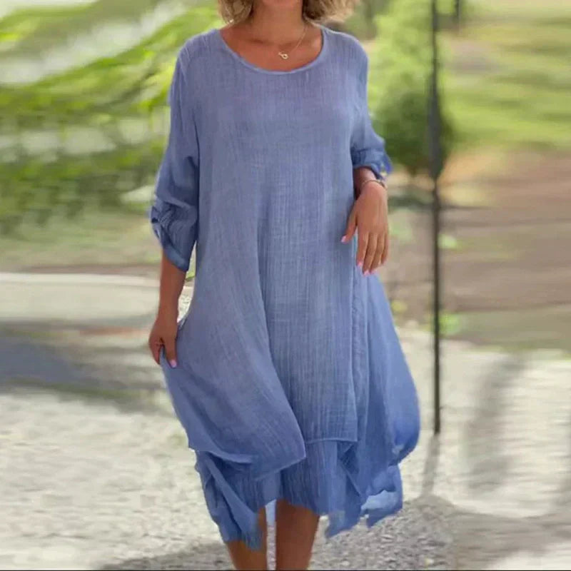 💕Elegancka damska sukienka z okrągłym dekoltem w jednolitym kolorze o luźnym kroju