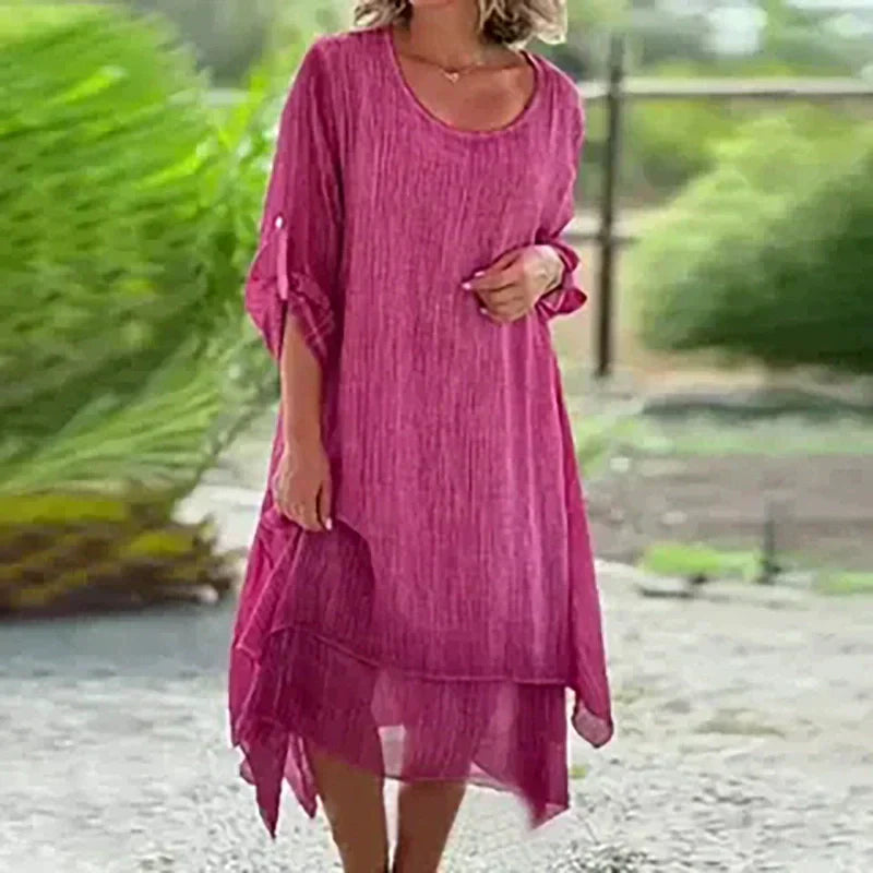 💕Elegancka damska sukienka z okrągłym dekoltem w jednolitym kolorze o luźnym kroju
