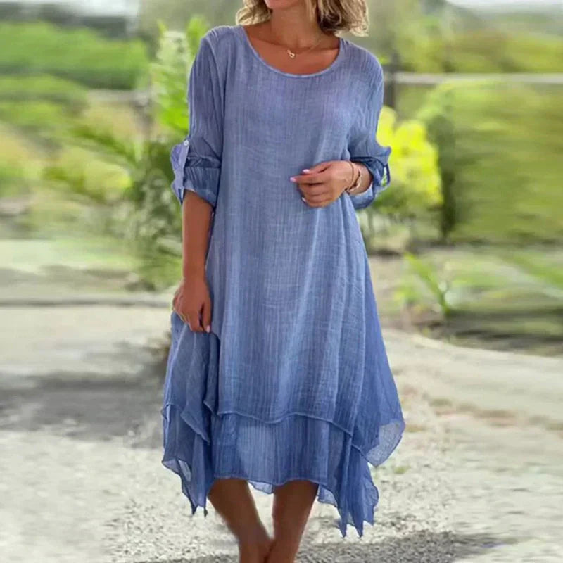 💕Elegancka damska sukienka z okrągłym dekoltem w jednolitym kolorze o luźnym kroju